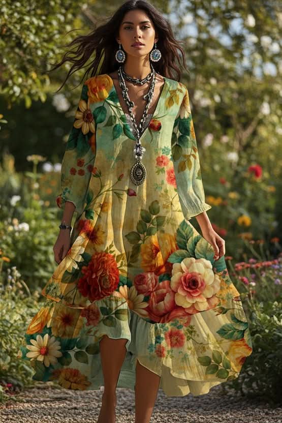 Women's Boho Vintage Flowing Maxi Dress with V-neck, perfect for summer fashion & casual elegant vacation wear.