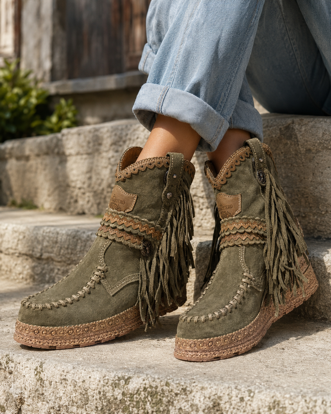 Chic women's boho western fringe ankle boots. Perfect slip-on footwear for festivals, travel, or everyday comfort.