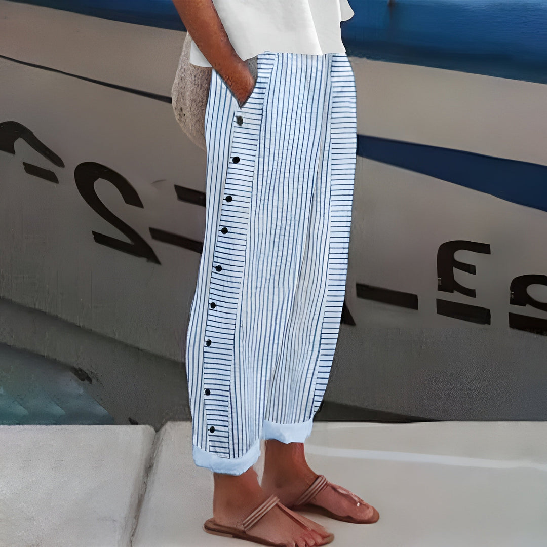 Women's breezy lightweight summer trousers, relaxed fit, drawstring waist. Perfect for casual comfort & travel.