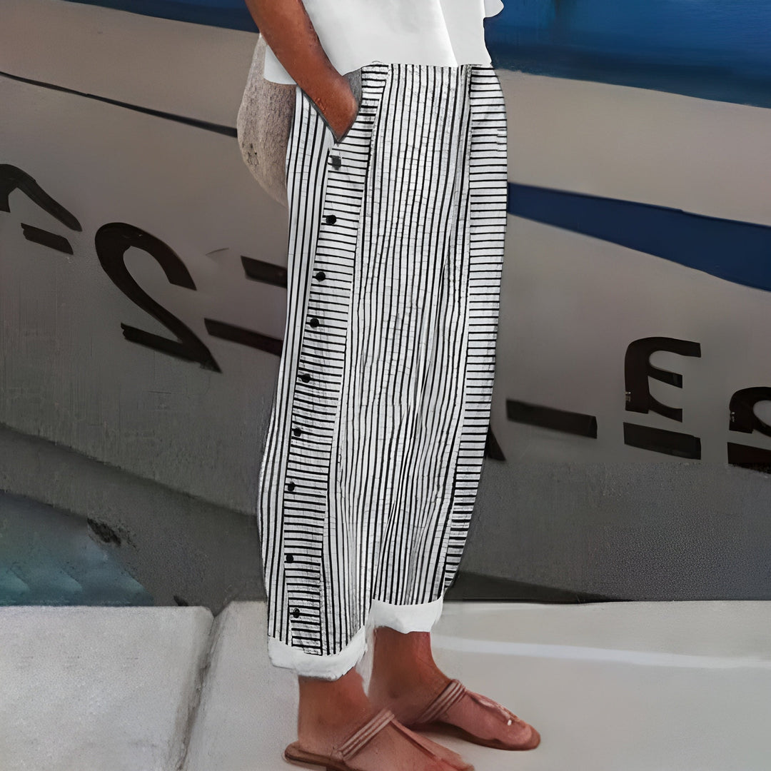 Stylish women's lightweight straight leg trousers with side pockets & drawstring waist. Ideal summer travel wear.