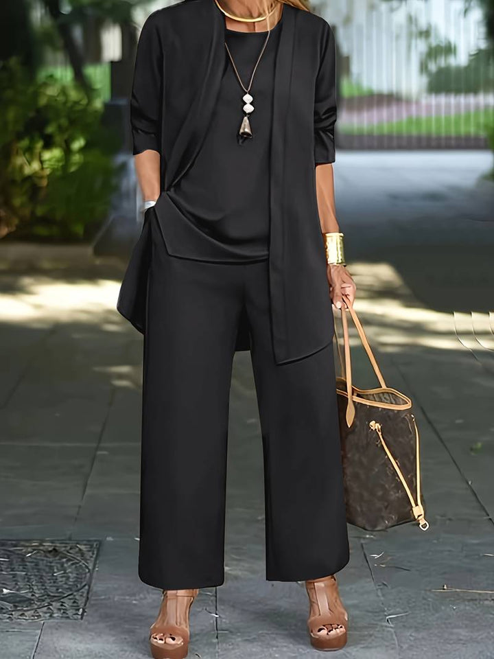 Stylish women's 3-piece wide-leg trouser set, a versatile summer fashion ensemble with matching cardigan & top.
