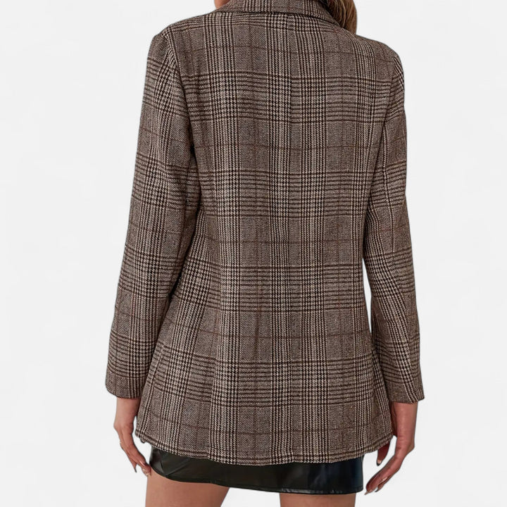 Stylish women's plaid single-breasted blazer in a rich brown hue, designed for modern office wear and versatile styling.
