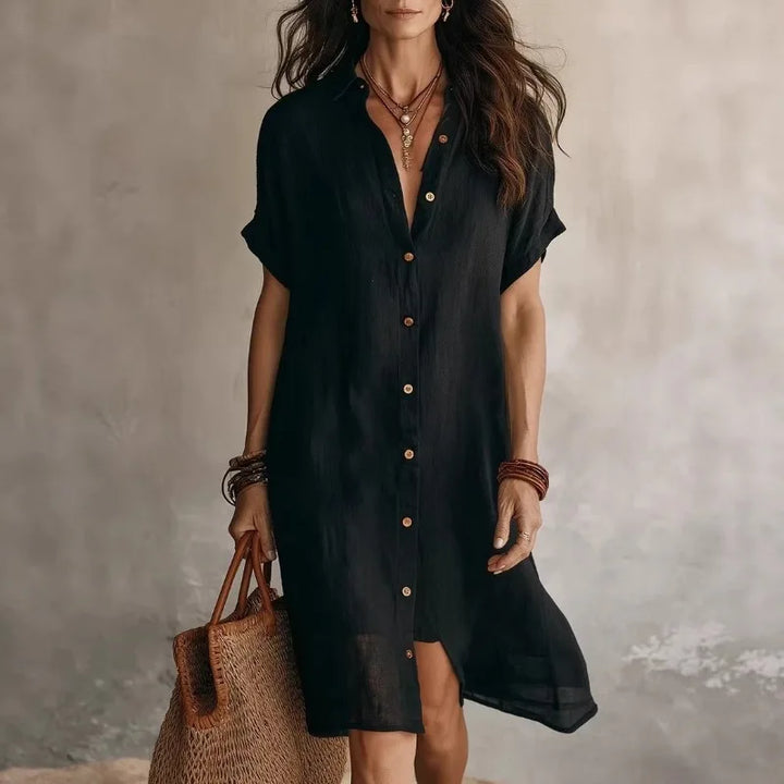 Women's button-front midi dress with short sleeves, perfect for casual summer style and everyday fashion.