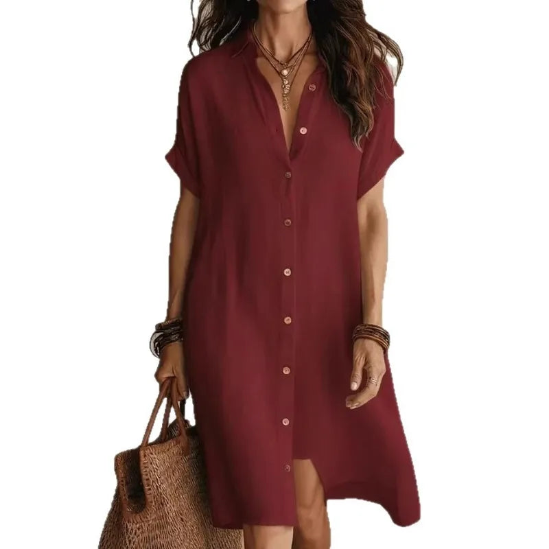 Relaxed fit women's button-front midi dress, short sleeves, a versatile shirt dress perfect for casual summer days.