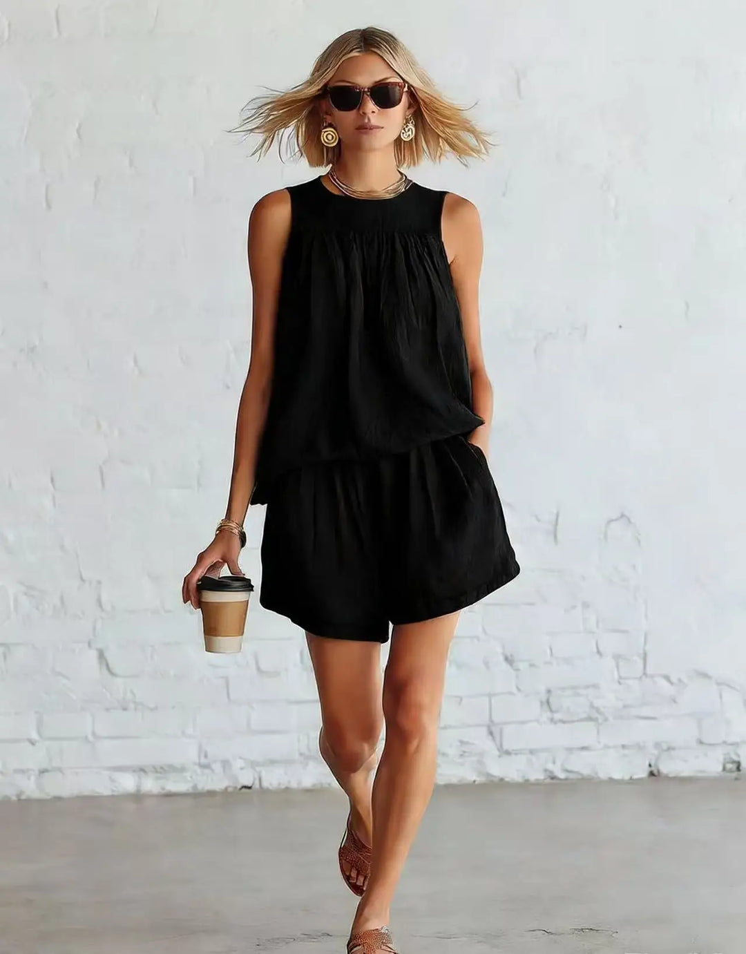 Stylish matching casual shorts set for women. Features a relaxed sleeveless top and comfortable gathered shorts.