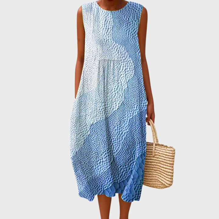 Stylish women's sleeveless knee-length casual dress, relaxed fit, perfect for daily wear & summer comfort.