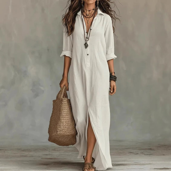 Women's casual maxi shirt dress, 3/4 sleeve, side split. Ideal for summer everyday wear.