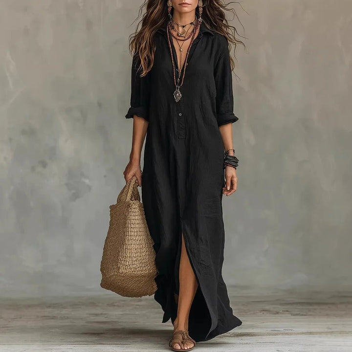 Loose fit women's maxi shirt dress with 3/4 sleeves & side split for relaxed casual style.