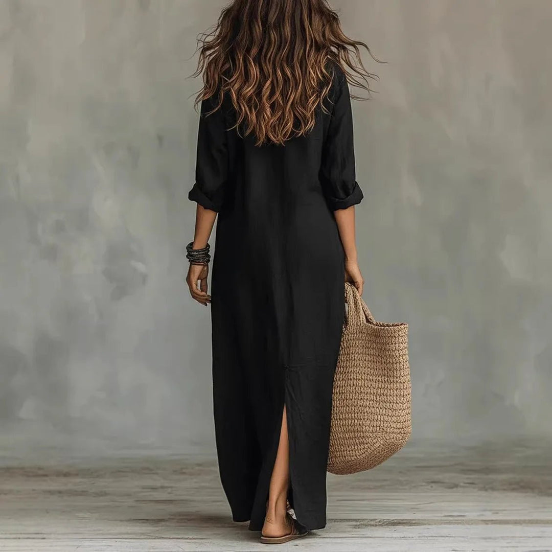 Versatile women's casual maxi shirt dress, 3/4 sleeve. Perfect for summer or beach cover-up.