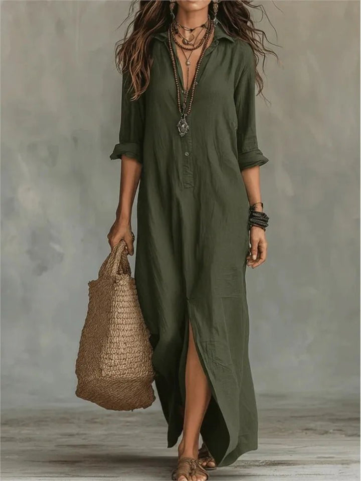 Everyday women's casual maxi shirt dress, 3/4 sleeve, side split. Relaxed summer style.