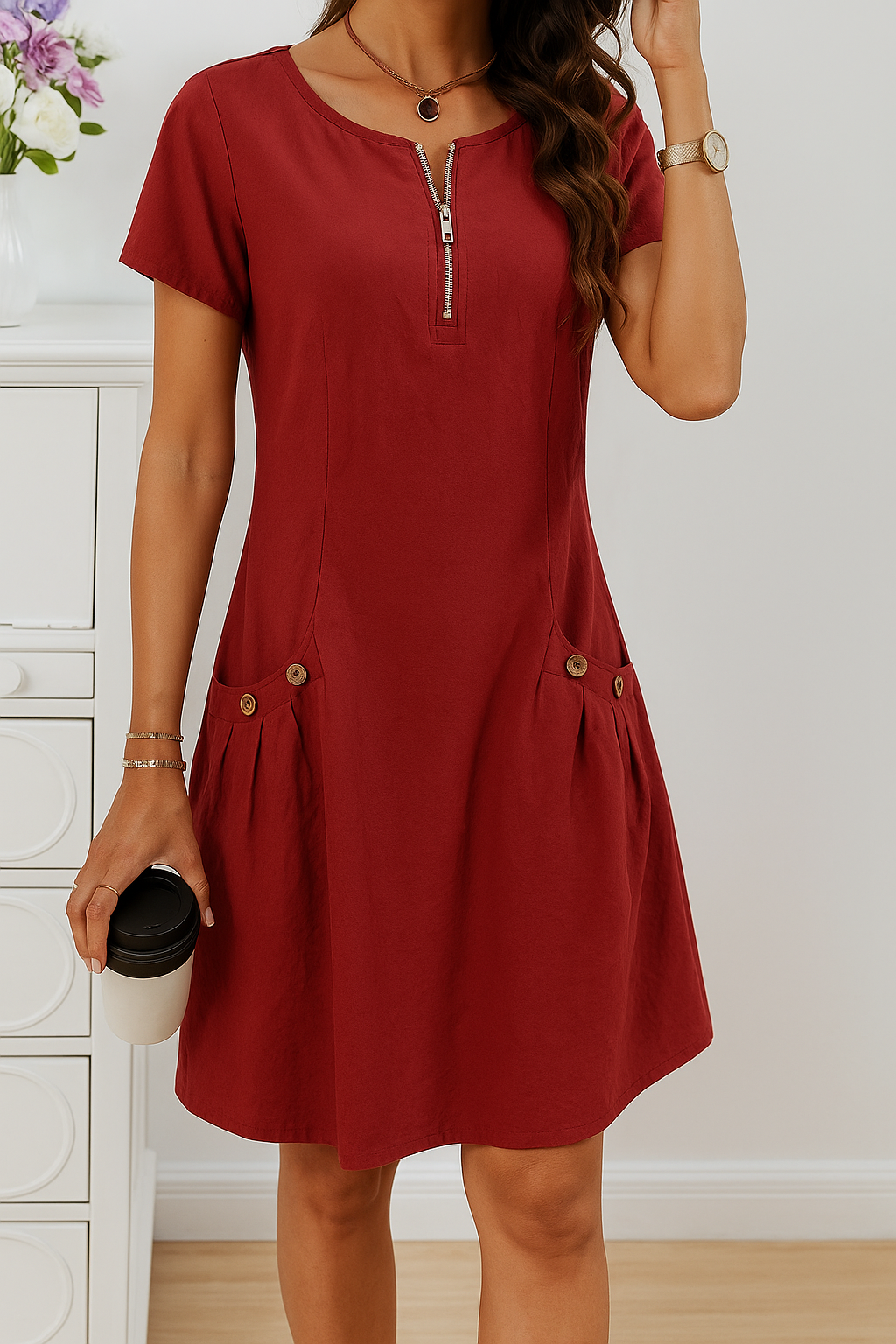 Comfortable women's midi dress, perfect for everyday style, with a trendy zip front & handy button pockets.