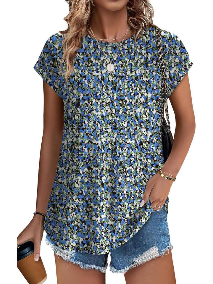 Elegant women's leaf print crew neck top, a relaxed fit blouse for casual summer fashion.