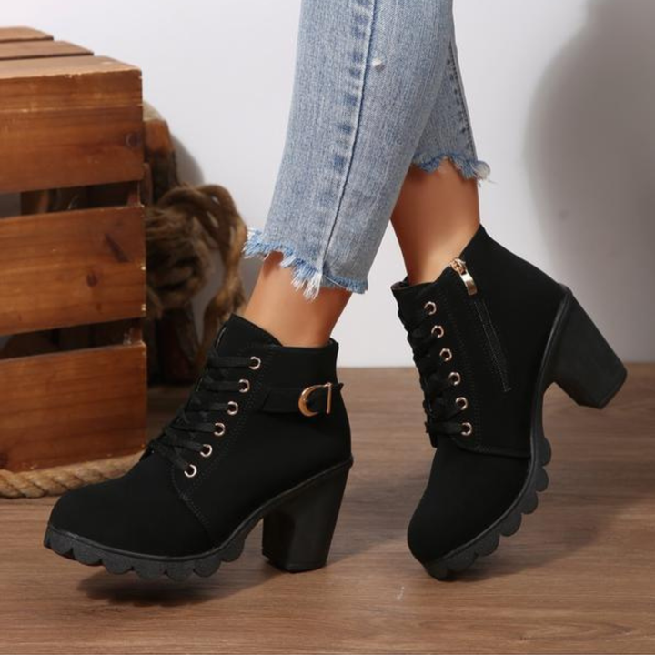 Women's chic black lace-up chunky heeled ankle boots. Stylish & comfortable fashion footwear for autumn & winter.