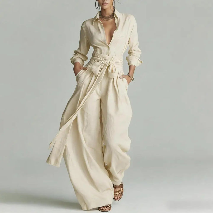 Women's chic ivory two-piece co-ord set with a button-down shirt and relaxed wide-leg pants, casual elegant.
