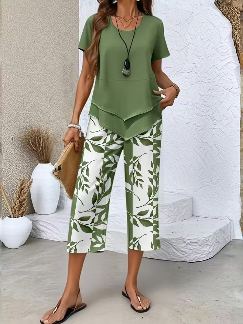 Women's chic leaf print two-piece set, perfect for stylish summer or spring casual wear.