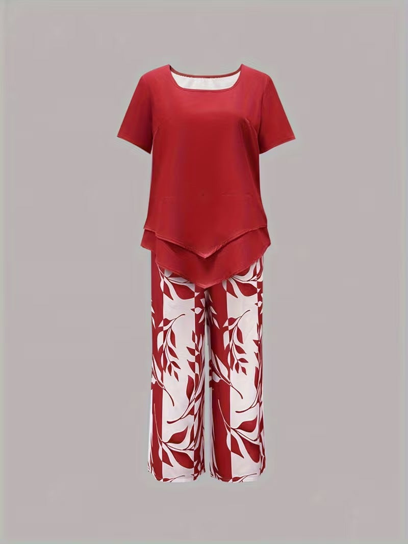 Trendy women's leaf print two-piece set, a chic botanical matching outfit for effortless style.