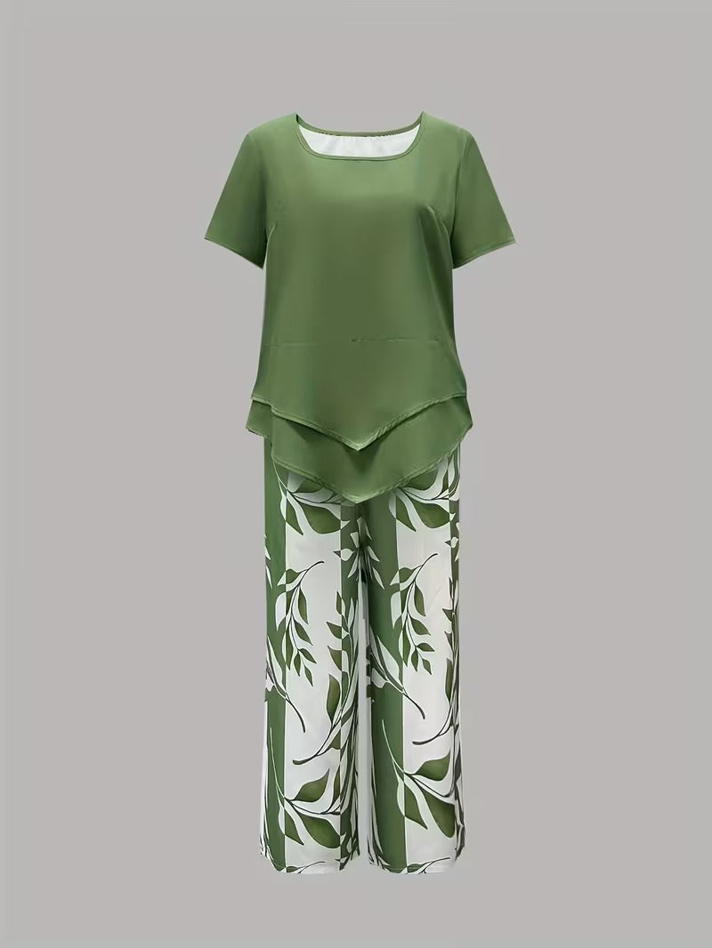 Stylish women's botanical two-piece set featuring a trendy leaf print, perfect for summer fashion.