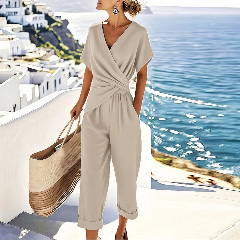 Women's chic two-piece pants set featuring a stylish wrap top and comfortable cropped pants, perfect for summer casual wear.