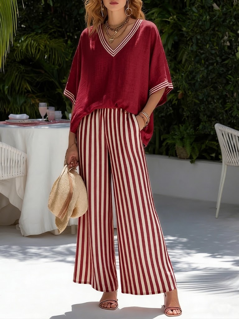 Close-up of the striped fabric on a women's v-neck top from the comfortable two-piece set.