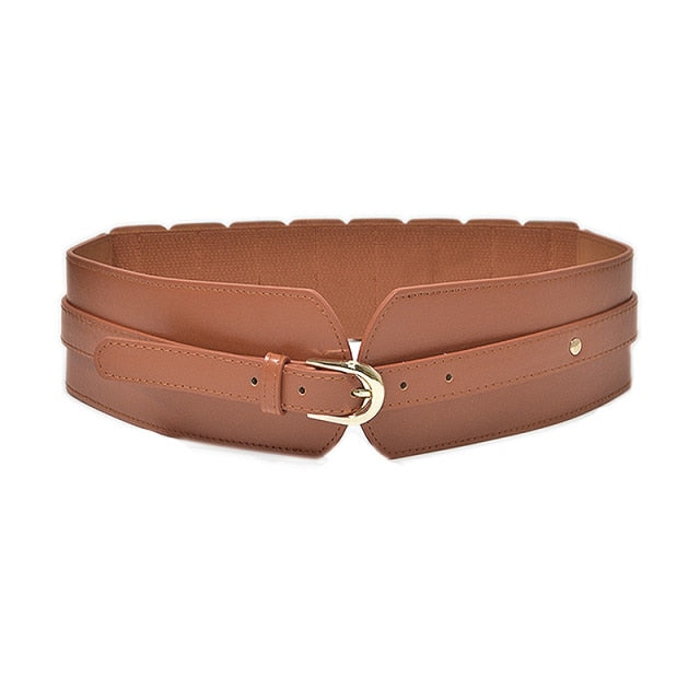 Adjustable wide women's waist belt in sleek PU leather, a chic and essential fashion accessory.