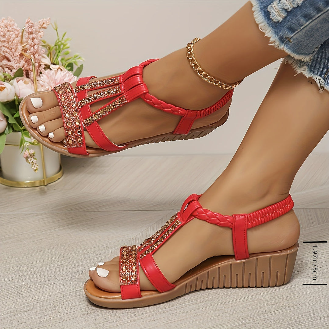 Textured woven women's sandals adorned with sparkling rhinestones, offering a chic and comfortable summer shoe.