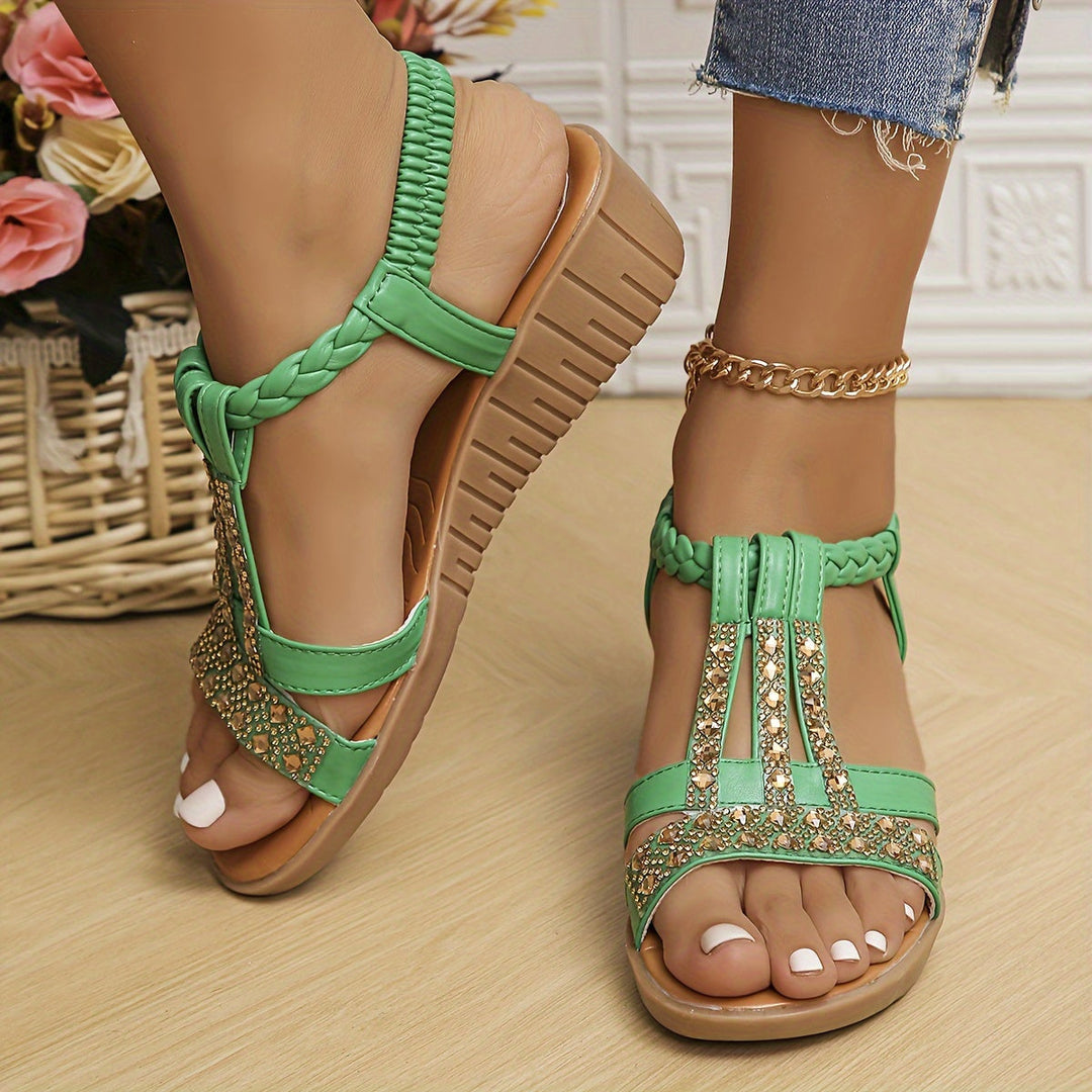 Comfortable women's woven sandals featuring dazzling rhinestones, ideal for casual or dressy summer wear.