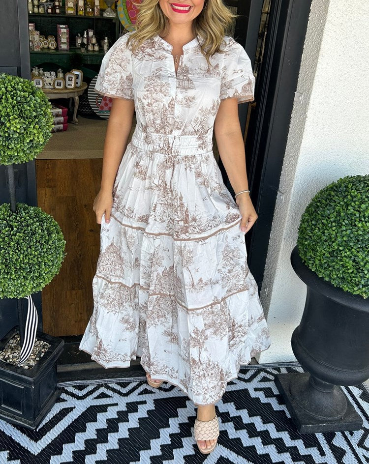 Elegant Toile print maxi dress for women, featuring a flattering V-neck and comfortable smocked waist.