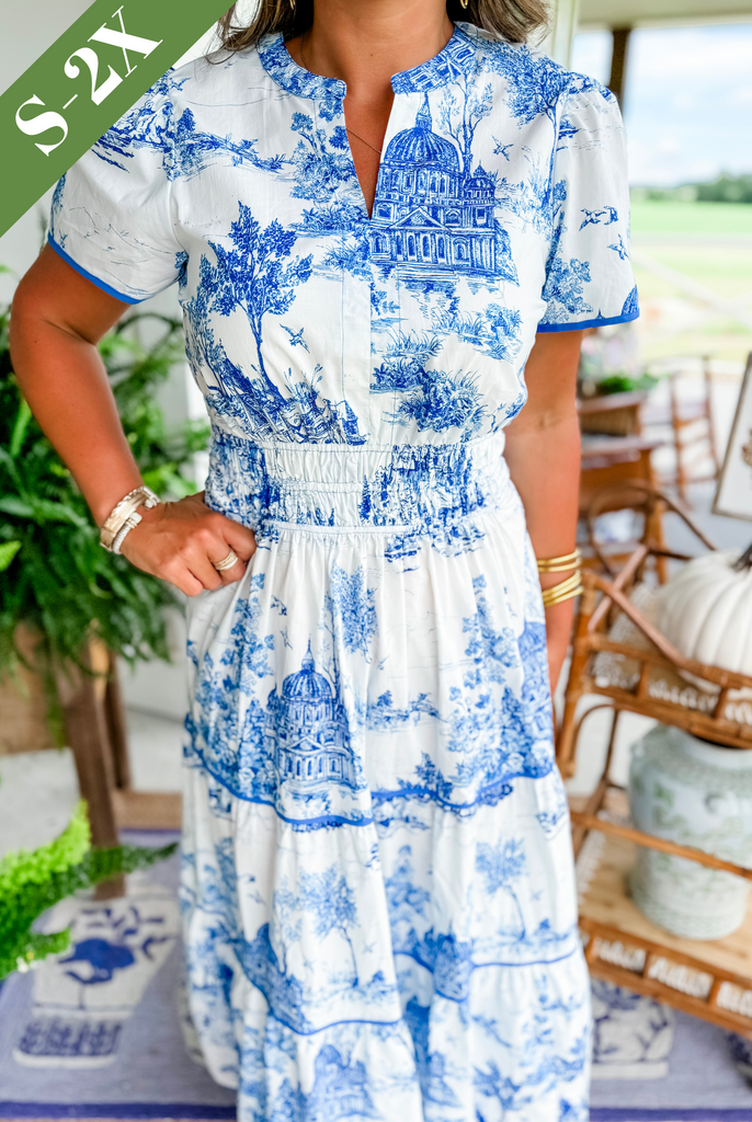 Comfortable women's classic toile print maxi dress, ideal for casual or elegant spring fashion.