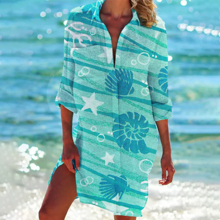 Lightweight women's vacation mini dress, collared & button-up, ideal for resort wear or beach outings.