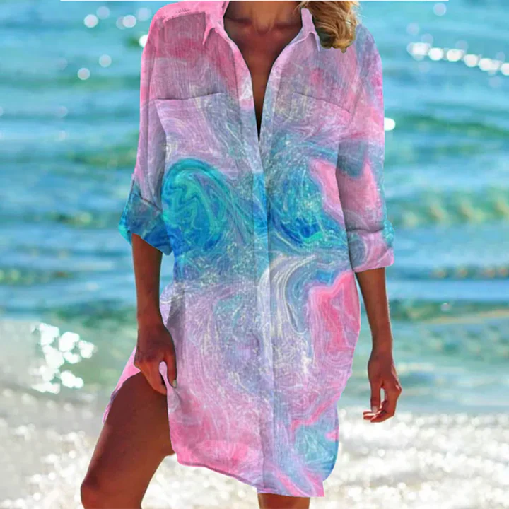 Chic women's short dress with a classic collar and full button-up design, versatile for daily wear.