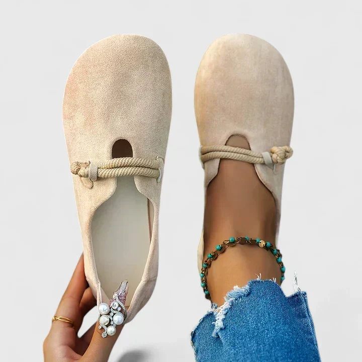Women's comfort flats with wide toe box, featuring a stylish rope strap, perfect for orthopedic friendly everyday wear.