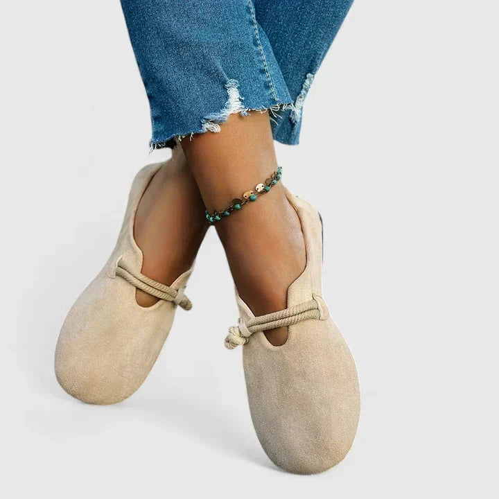 Elegant women's flats with a wide toe box for comfort, stylish rope strap detail, great for casual or travel.