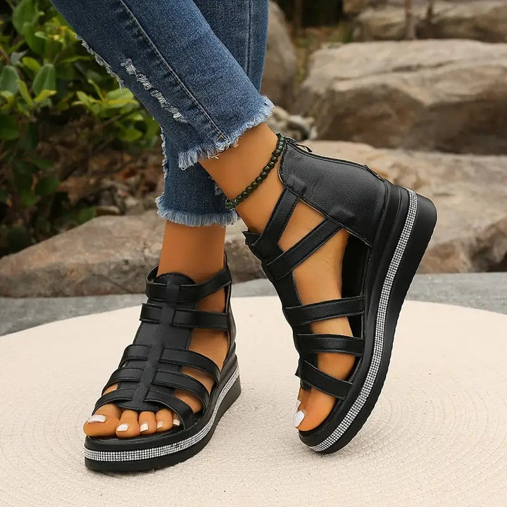 Women's comfort sandals with sparkling rhinestone decoration, perfect for summer fashion.