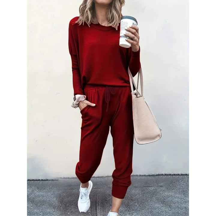 Soft women's crew neck jogger set, ideal matching loungewear for ultimate comfort and casual style.