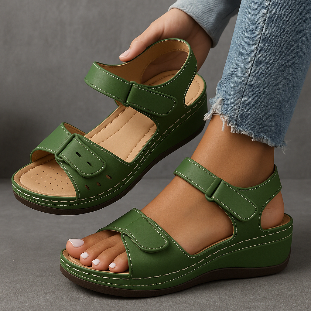 Women's comfortable cushioned wedge sandals with adjustable strap, perfect for all-day summer wear.