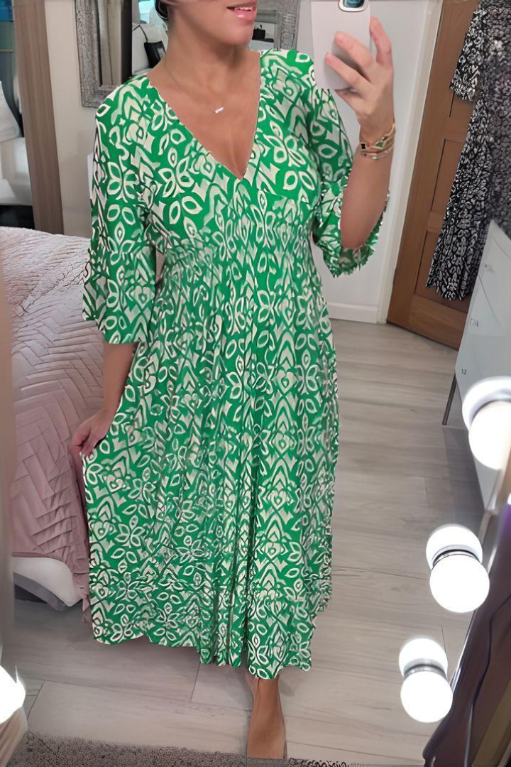 Comfortable women's flowy wrap maxi dress, long and elegant, perfect for summer casual or occasionwear.