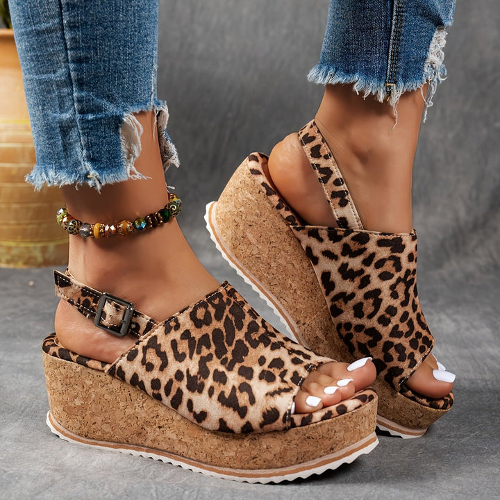 Comfortable women's leopard print platform wedge sandals for everyday wear, vacations, and summer.