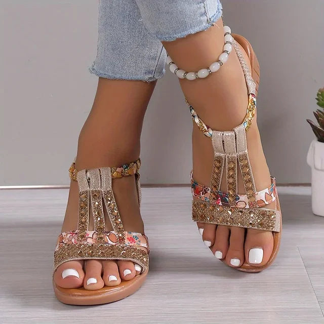 Close-up of women's orthopaedic wedge sandals, highlighting comfort, support, and summer casual style.