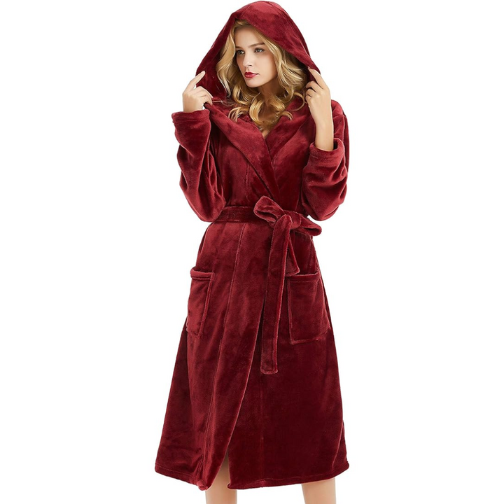 Women's hooded plush robe, providing a cozy feel and ultimate relaxation for bath time or lounging at home.