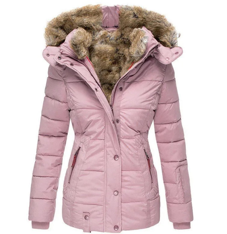 Beige women's cozy insulated winter jacket. Stylish, warm outerwear for extreme cold weather protection.
