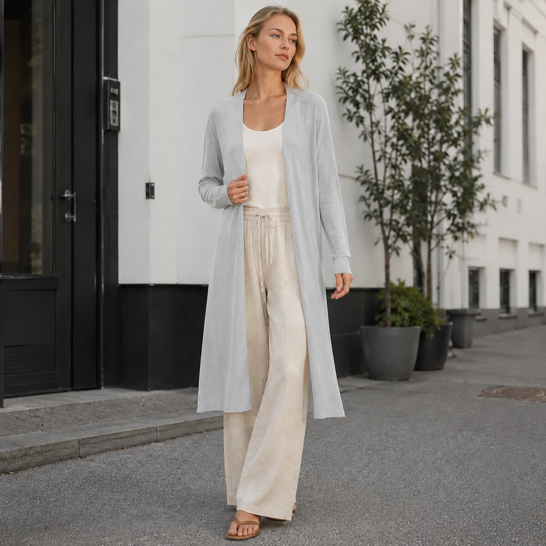 Chic long knit cardigan for women, an open front stylish layer for fall & winter fashion.
