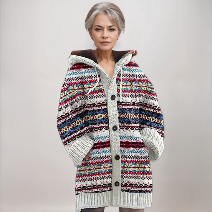 Women's cozy soft winter cardigan in a vibrant multicolor knit, perfect for comfortable everyday layering.