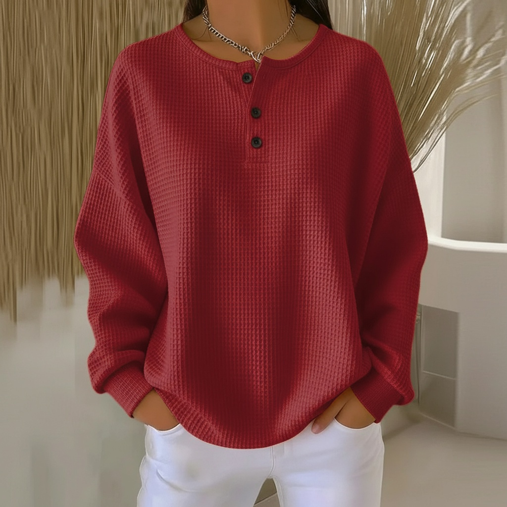 White women's cozy waffle knit sweater, a versatile pullover top for everyday comfort and casual winter style.