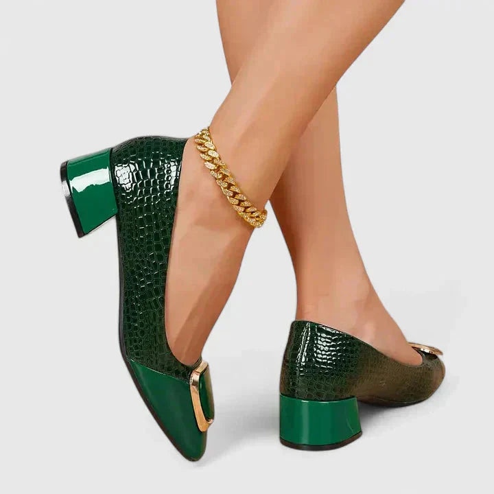 Fashionable women's croc embossed block heel loafers. Dressy flats with gold buckle, comfortable.