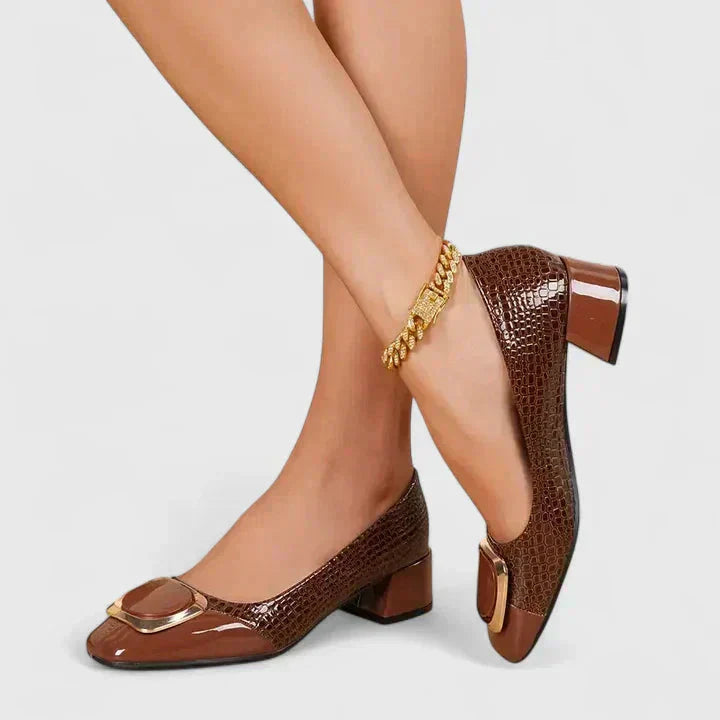 Croc embossed women's loafers with a sturdy block heel. Versatile & stylish dress flats for professional looks.