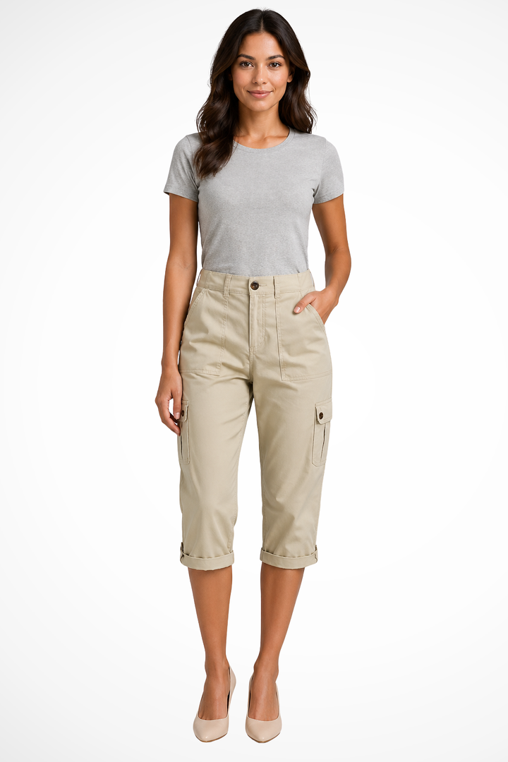 Soft and breathable women's cropped cargo pants, offering all-day comfort for various activities.