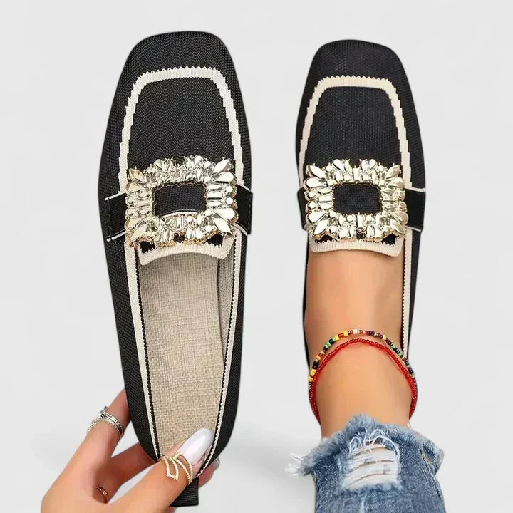Stylish women's flat loafers with crystal embellishments & square toe. Elegant slip-on shoes for versatile wear.