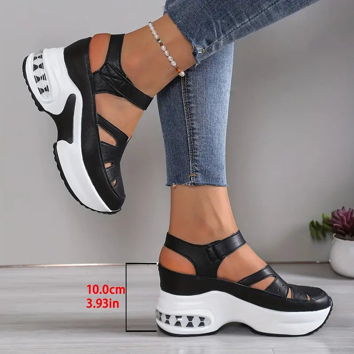 White women's adjustable strap orthopedic wedge sandals with cushioned platform for summer comfort.