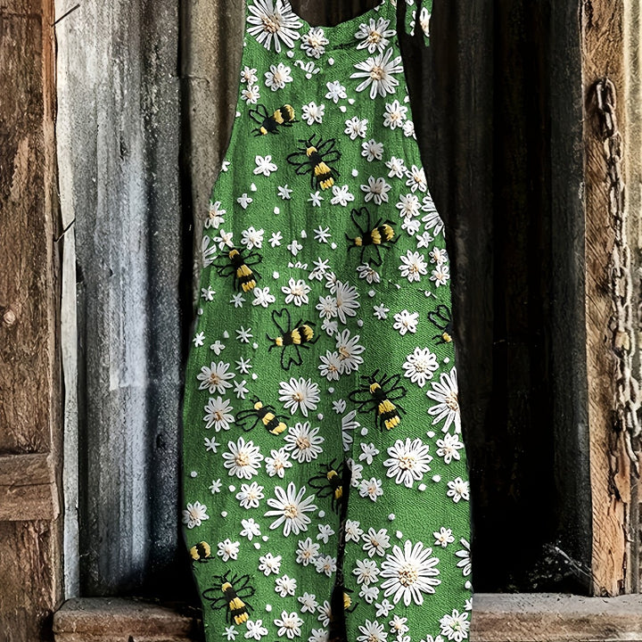 Versatile women's daisy bee print tie shoulder jumpsuit, ideal for spring & summer.