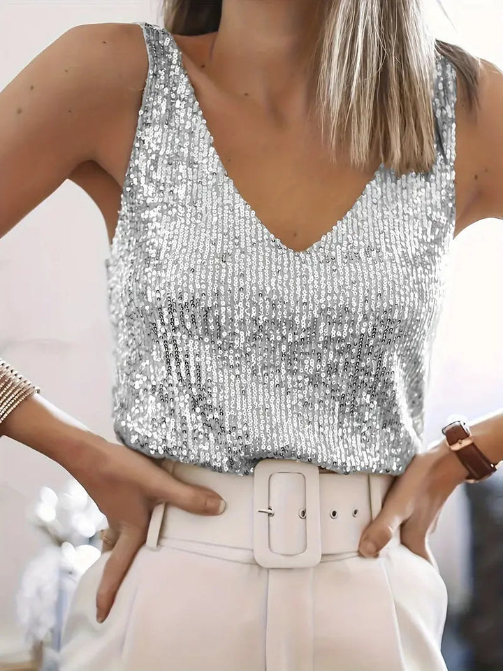 Elegant women's sequin V-neck tank, sparkling sleeveless fashion top, great for dressy casual & holiday outfits.